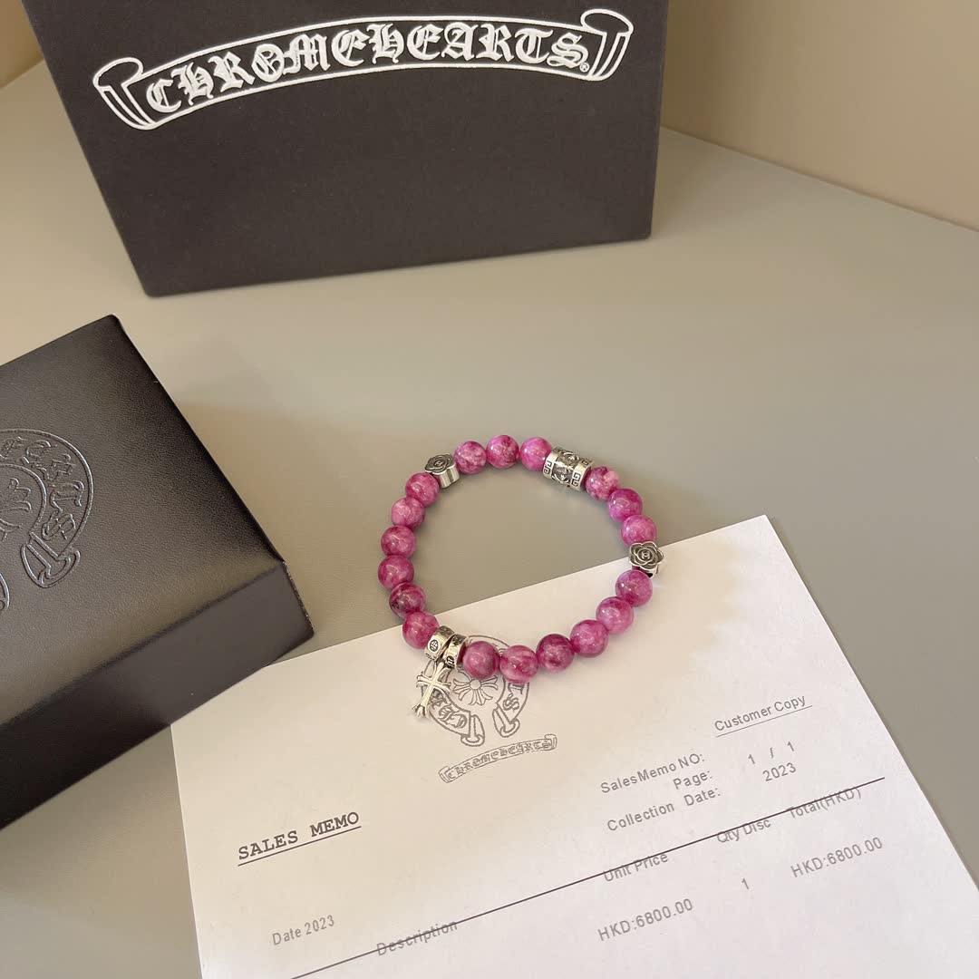 Chrome Hearts Purple Gemstone Bracelet with Silver Cross and Flower Charms